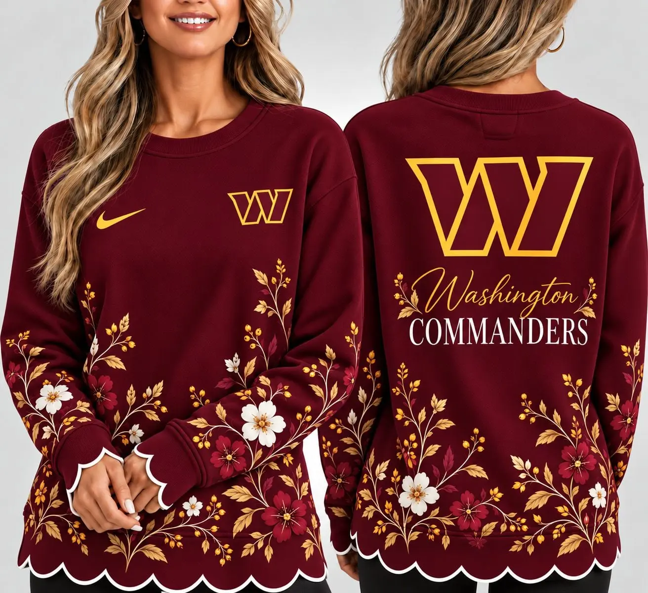 Washington Commanders | Premium NFL Floral Scalloped Hem Graphic Crewneck Sweatshirt NY