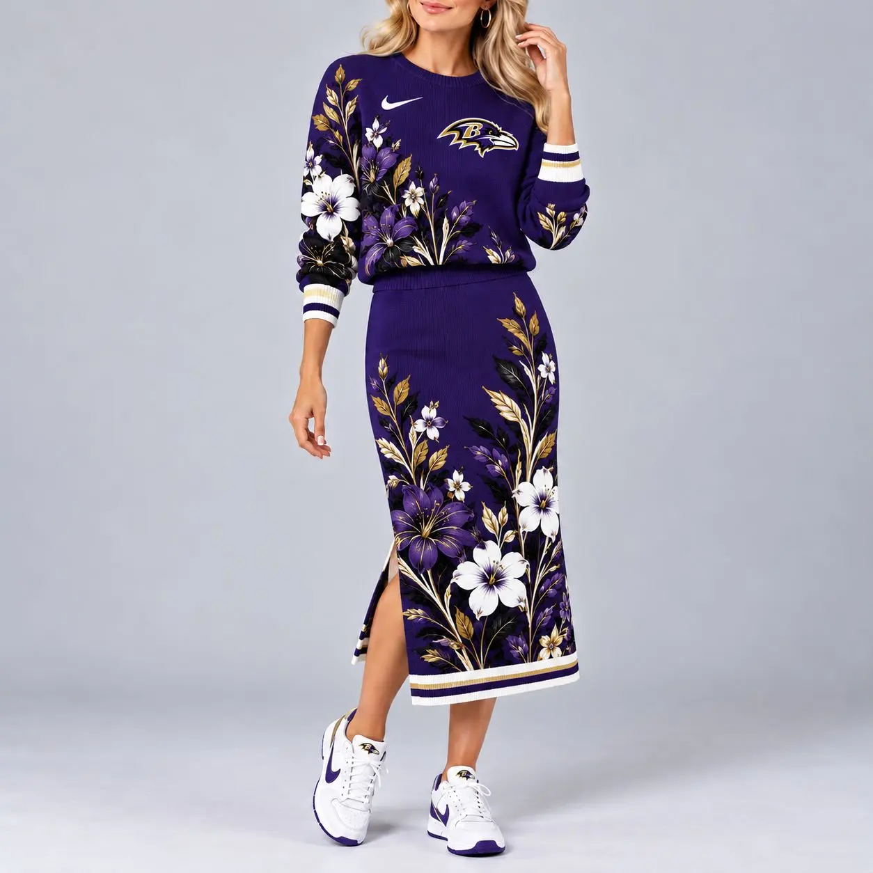 Baltimore Ravens | Premium NFL Floral Knit Sweater and Midi Skirt Two-Piece Set NY