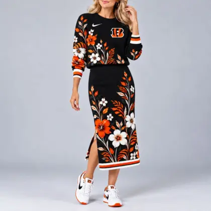 Cincinnati Bengals | Premium NFL Floral Knit Sweater and Midi Skirt Two-Piece Set NY