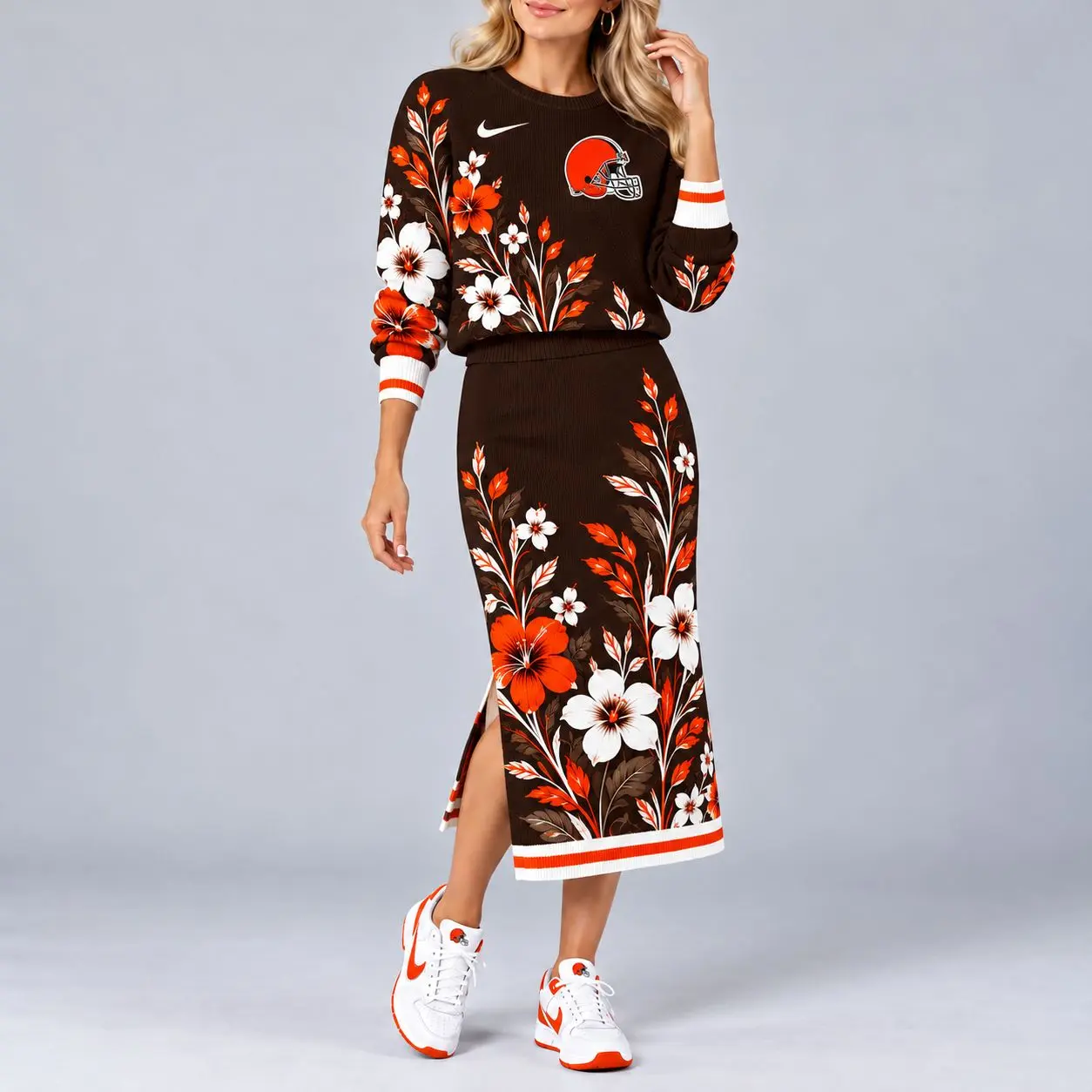 Cleveland Browns | Premium NFL Floral Knit Sweater and Midi Skirt Two-Piece Set NY