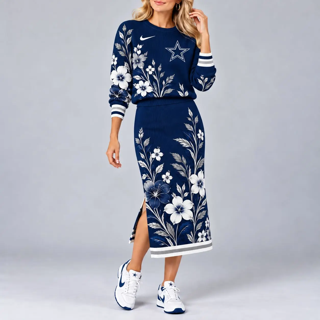 Dallas Cowboys | Premium NFL Floral Knit Sweater and Midi Skirt Two-Piece Set NY