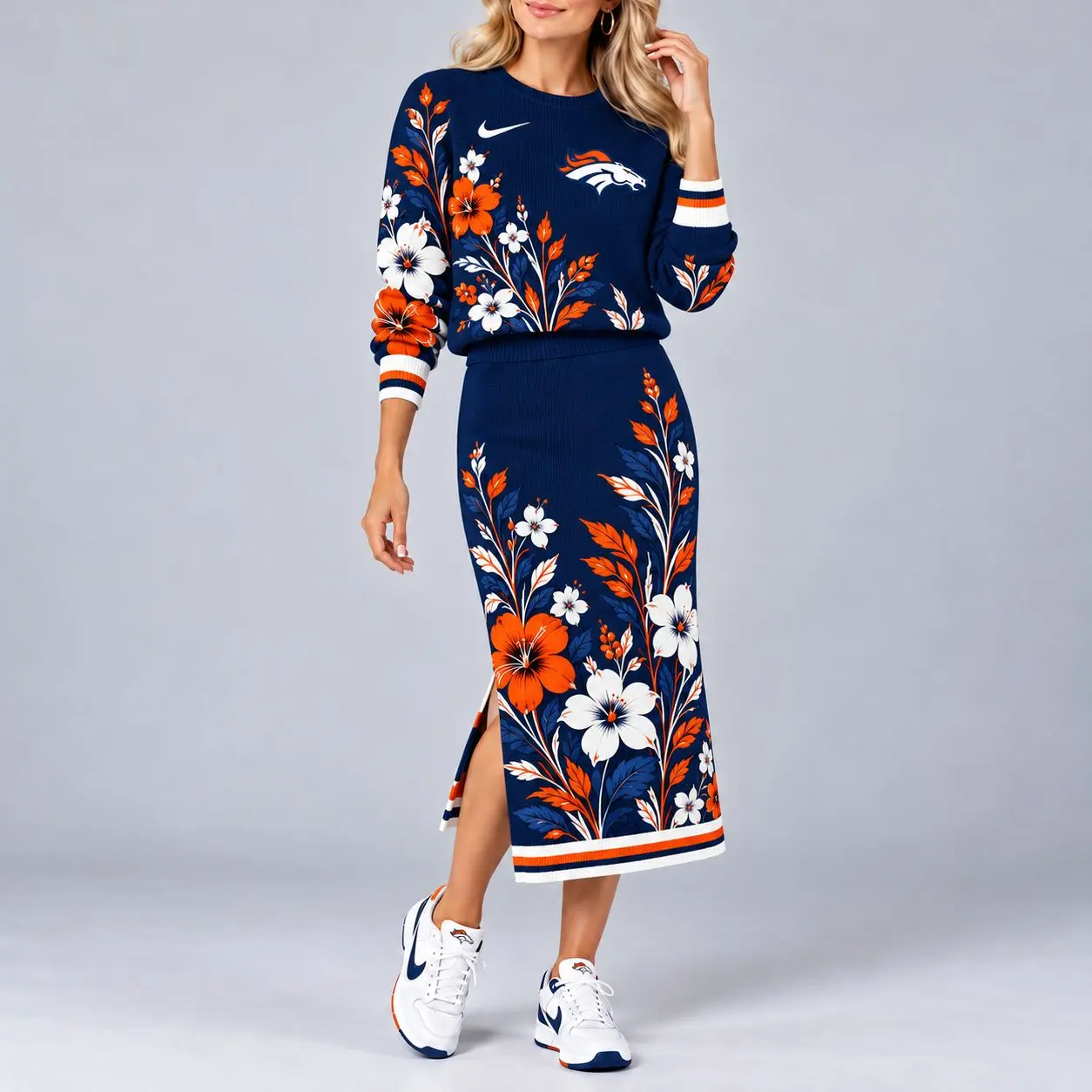 Denver Broncos | Premium NFL Floral Knit Sweater and Midi Skirt Two-Piece Set NY