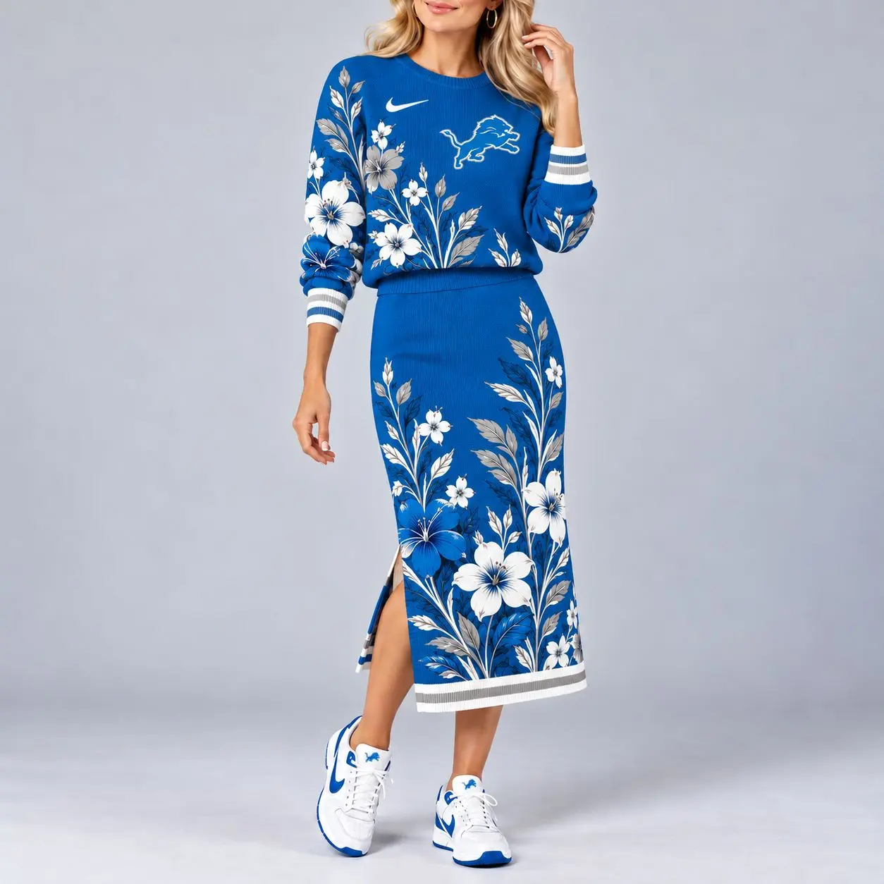 Detroit Lions | Premium NFL Floral Knit Sweater and Midi Skirt Two-Piece Set NY