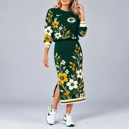 Green Bay Packers | Premium NFL Floral Knit Sweater and Midi Skirt Two-Piece Set NY