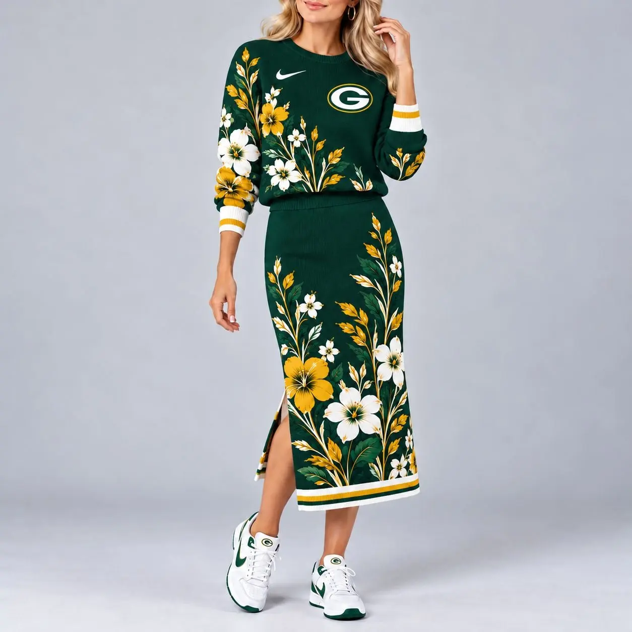 Green Bay Packers | Premium NFL Floral Knit Sweater and Midi Skirt Two-Piece Set NY