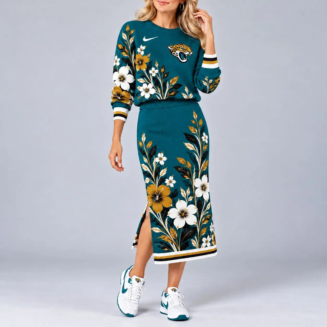 Jacksonville Jaguars | Premium NFL Floral Knit Sweater and Midi Skirt Two-Piece Set NY