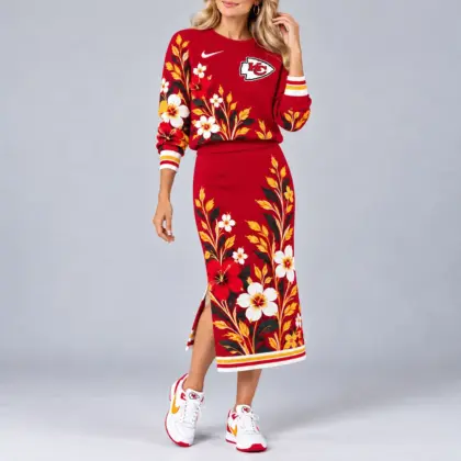 Kansas City Chiefs | Premium NFL Floral Knit Sweater and Midi Skirt Two-Piece Set NY