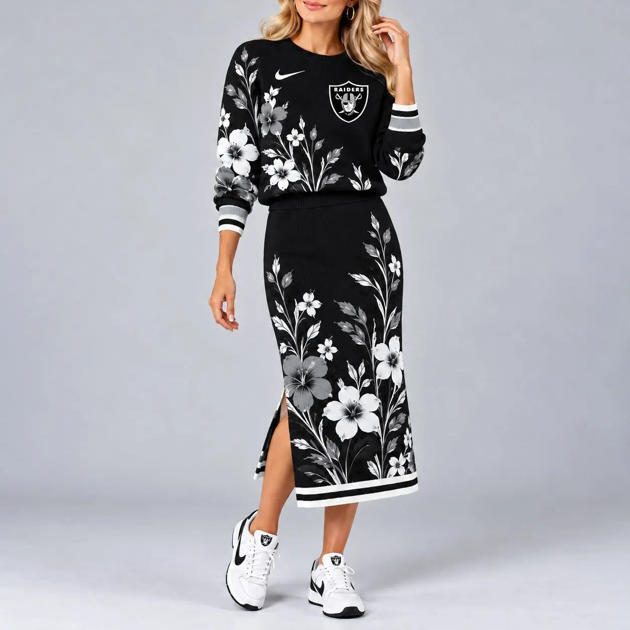 Las Vegas Raiders | Premium NFL Floral Knit Sweater and Midi Skirt Two-Piece Set NY