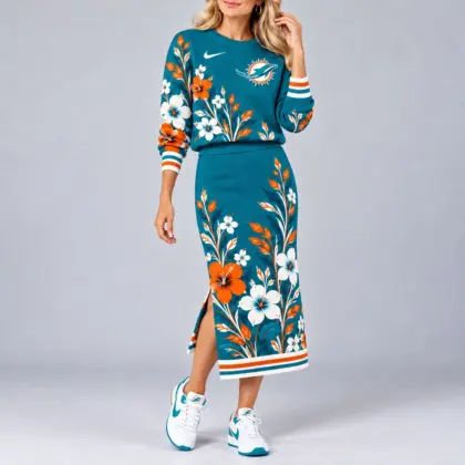 Miami Dolphins | Premium NFL Floral Knit Sweater and Midi Skirt Two-Piece Set NY