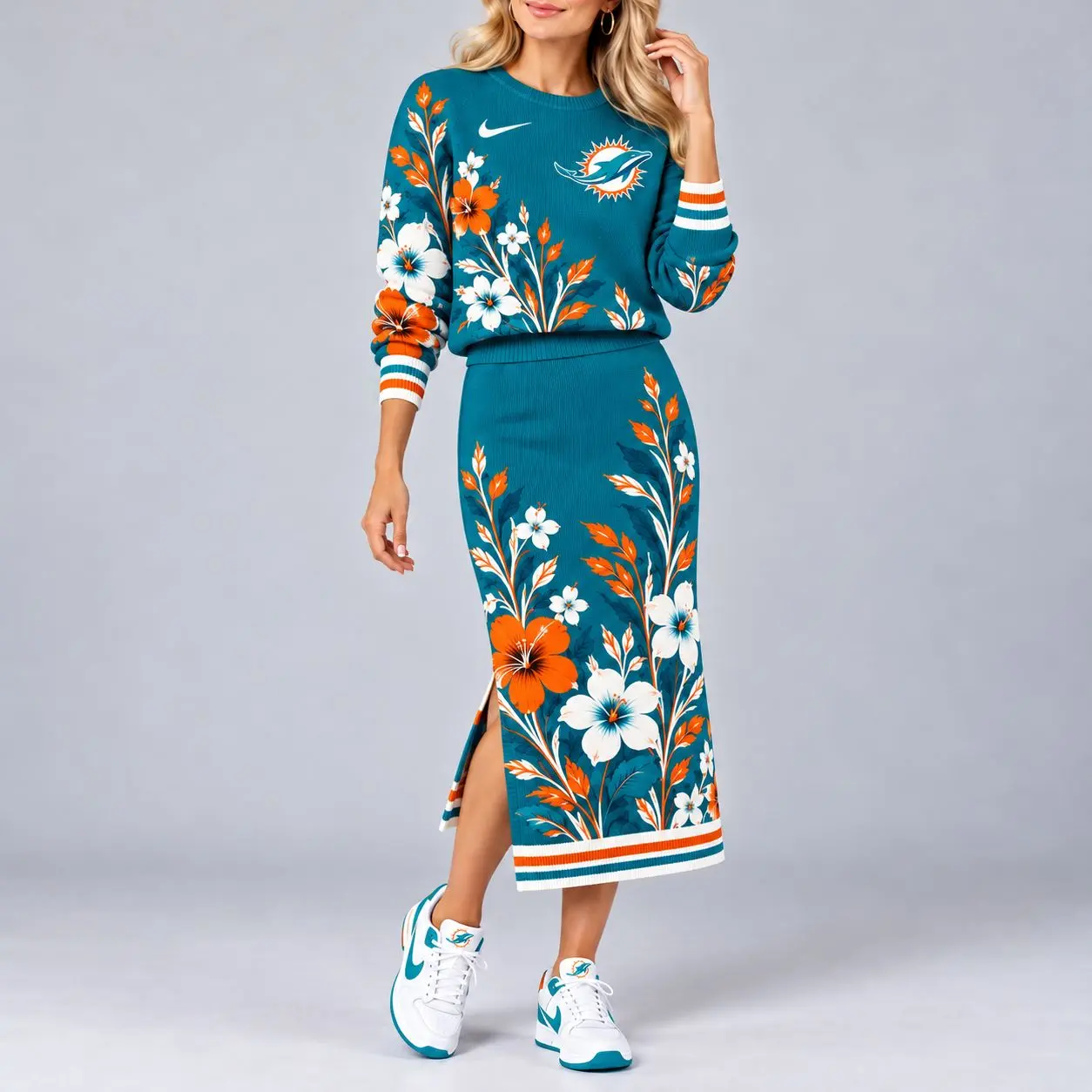 Miami Dolphins | Premium NFL Floral Knit Sweater and Midi Skirt Two-Piece Set NY