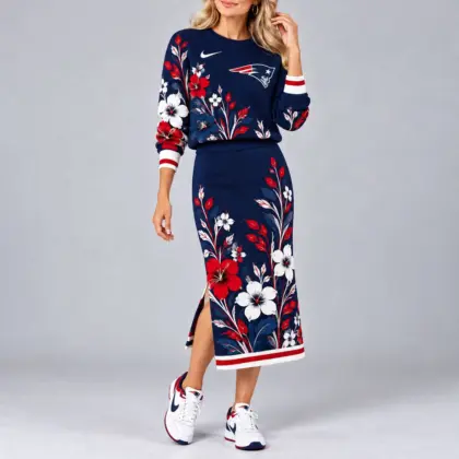 New England Patriots | Premium NFL Floral Knit Sweater and Midi Skirt Two-Piece Set NY