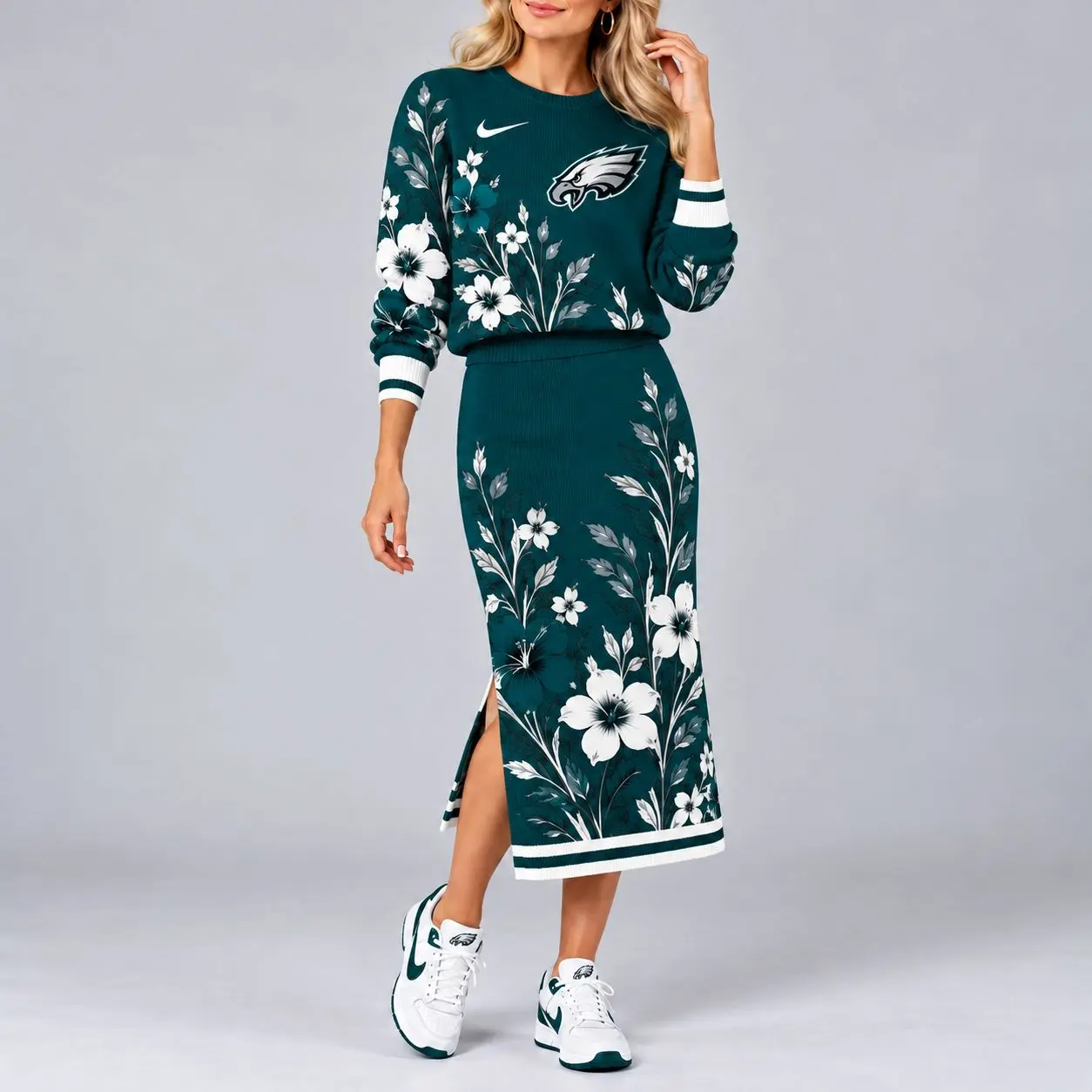 Philadelphia Eagles | Premium NFL Floral Knit Sweater and Midi Skirt Two-Piece Set NY