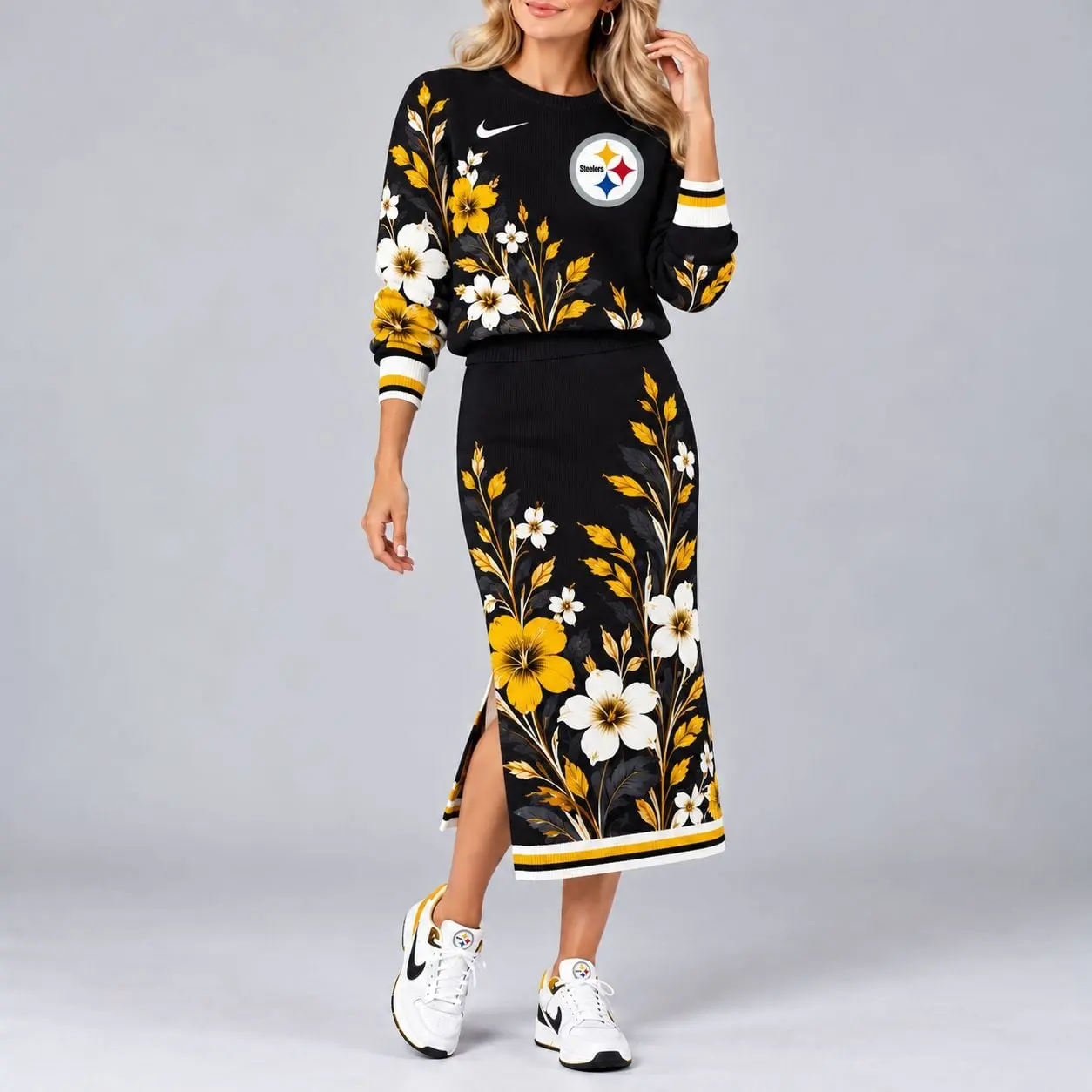 Pittsburgh Steelers | Premium NFL Floral Knit Sweater and Midi Skirt Two-Piece Set NY