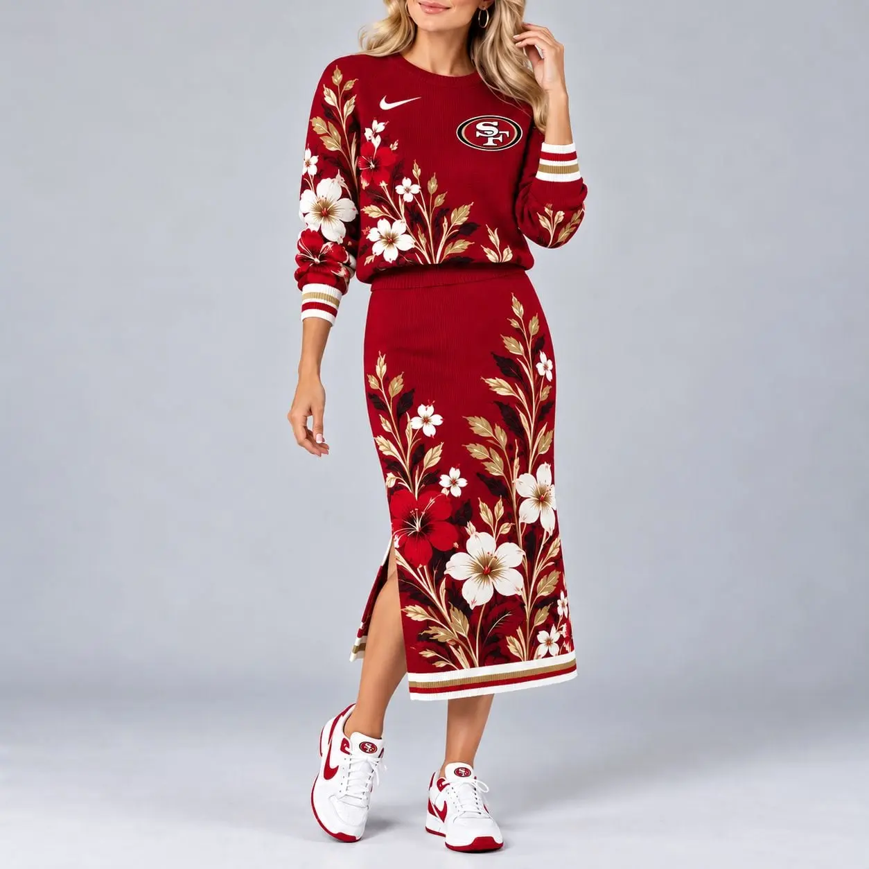 San Francisco 49ers | Premium NFL Floral Knit Sweater and Midi Skirt Two-Piece Set NY