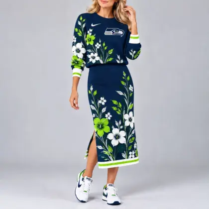 Seattle Seahawks | Premium NFL Floral Knit Sweater and Midi Skirt Two-Piece Set NY