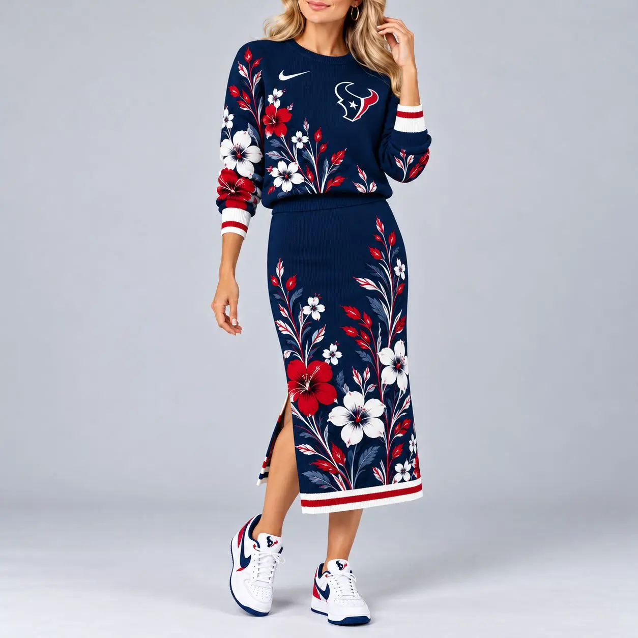 Houston Texans | Premium NFL Floral Knit Sweater and Midi Skirt Two-Piece Set NY