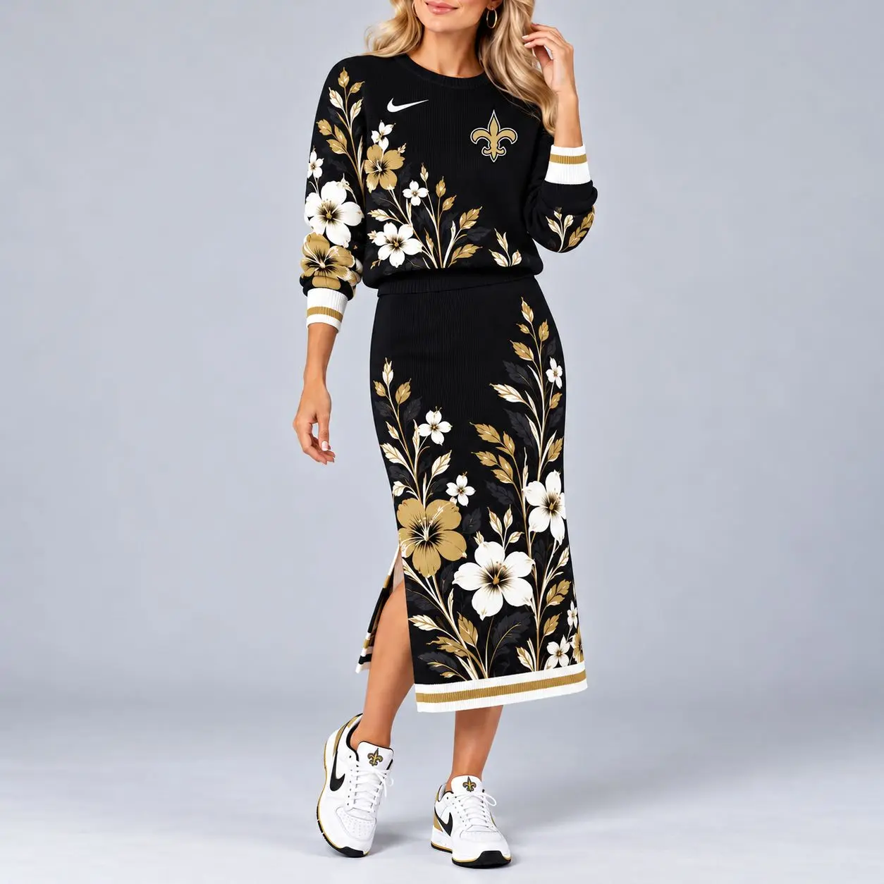 New Orleans Saints | Premium NFL Floral Knit Sweater and Midi Skirt Two-Piece Set NY