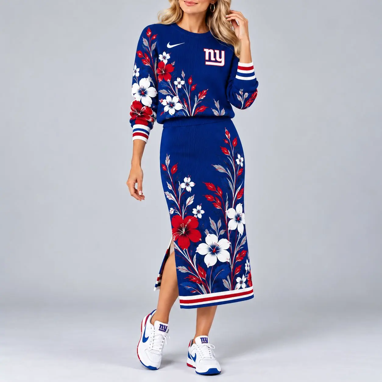 New York Giants | Premium NFL Floral Knit Sweater and Midi Skirt Two-Piece Set NY