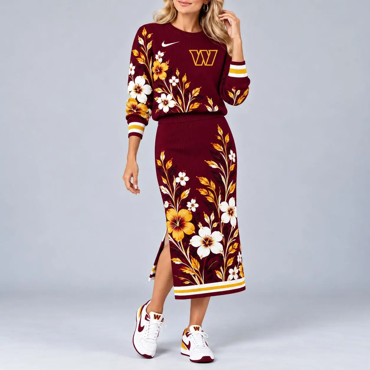 Washington Commanders | Premium NFL Floral Knit Sweater and Midi Skirt Two-Piece Set NY