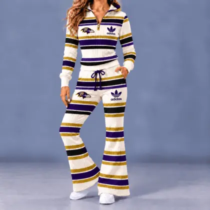 Baltimore Ravens | Premium NFL Vintage Ribbed Stripe Quarter Zip Lounge Set NTH1