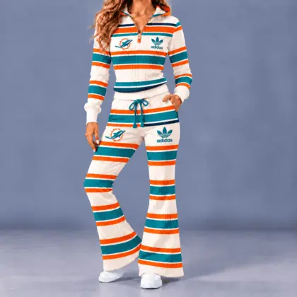 Miami Dolphins | Premium NFL Vintage Ribbed Stripe Quarter Zip Lounge Set NTH1