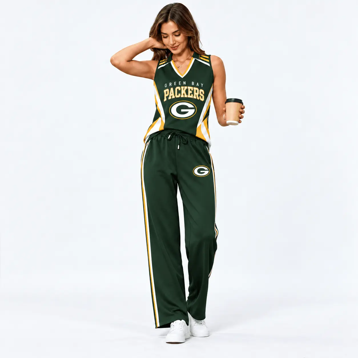 Green Bay Packers | Premium NFL Women's Sleeveless V-Neck Tracksuit Set NTH1
