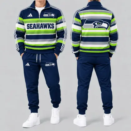 Seattle Seahawks | Premium NFL Vintage Horizontal Stripe Quarter Zip Tracksuit NTH1