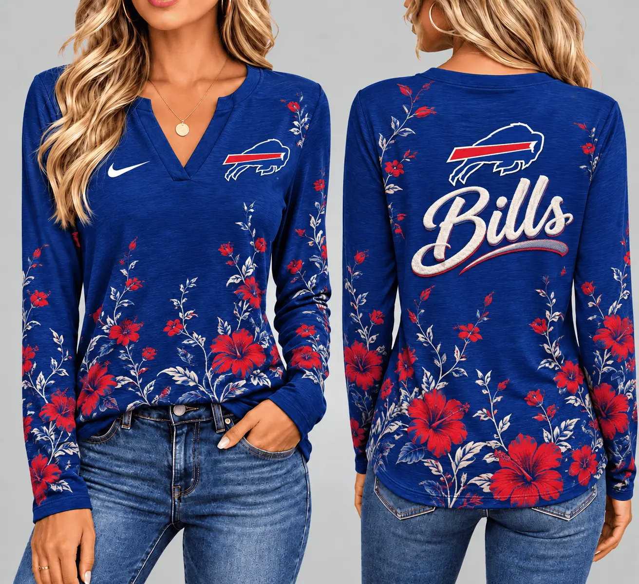 Buffalo Bills | Premium NFL Vintage Floral V-Neck Long Sleeve Fan Shirt