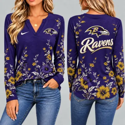Baltimore Ravens | Premium NFL Vintage Floral V-Neck Long Sleeve Fan Shirt