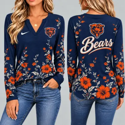 Chicago Bears | Premium NFL Vintage Floral V-Neck Long Sleeve Fan Shirt