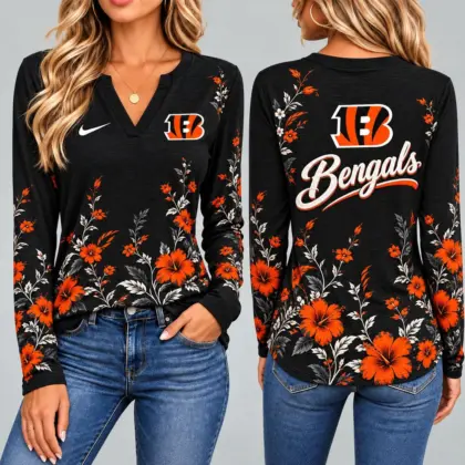 Cincinnati Bengals | Premium NFL Vintage Floral V-Neck Long Sleeve Fan Shirt