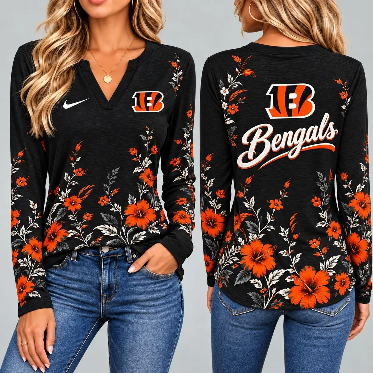 Cincinnati Bengals | Premium NFL Vintage Floral V-Neck Long Sleeve Fan Shirt