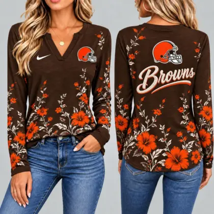 Cleveland Browns | Premium NFL Vintage Floral V-Neck Long Sleeve Fan Shirt