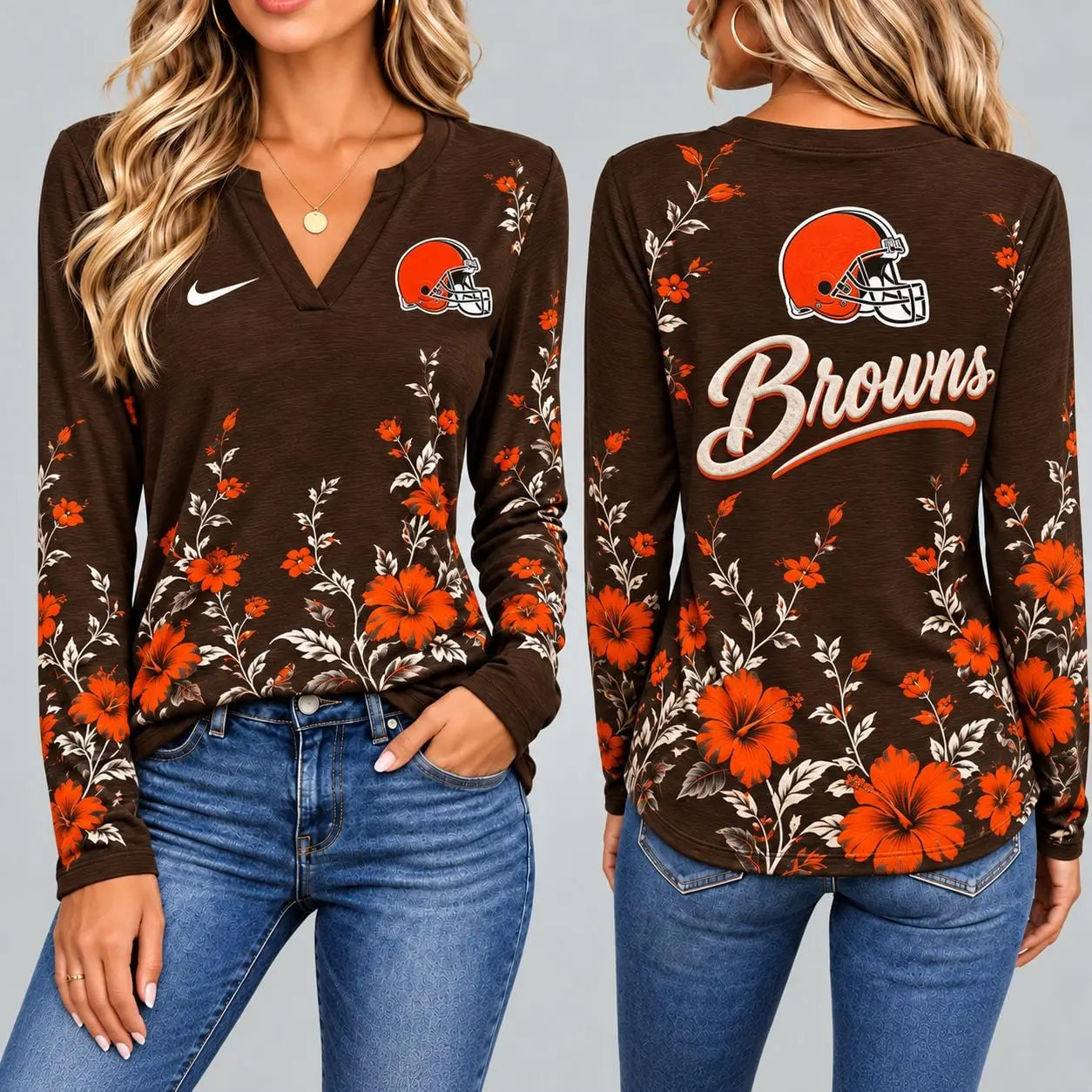 Cleveland Browns | Premium NFL Vintage Floral V-Neck Long Sleeve Fan Shirt