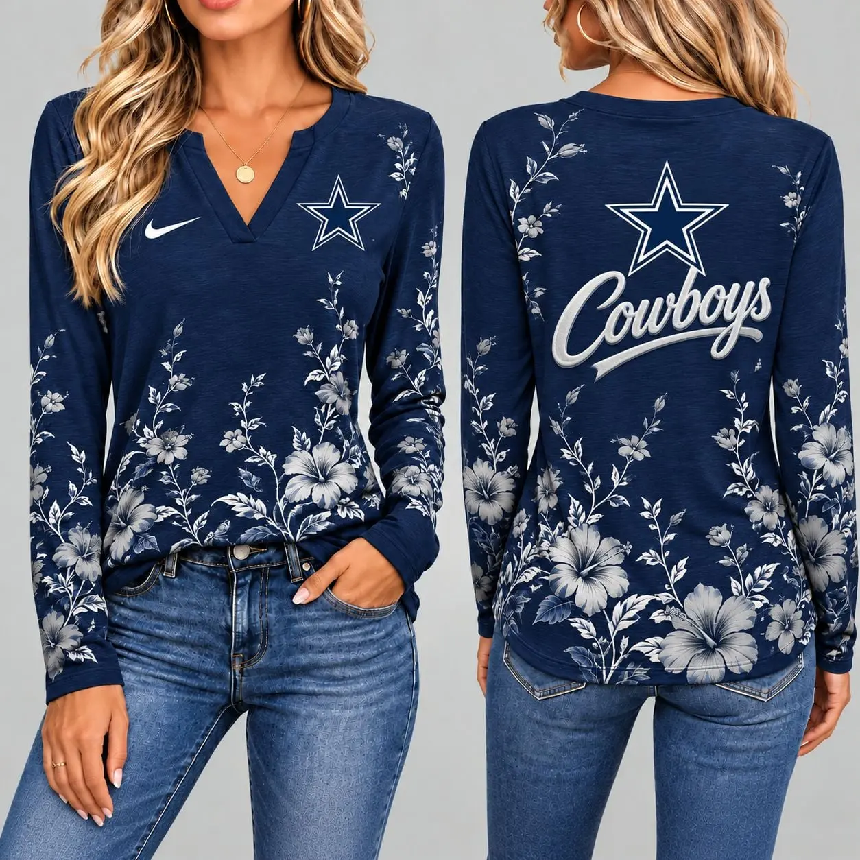 Dallas Cowboys | Premium NFL Vintage Floral V-Neck Long Sleeve Fan Shirt