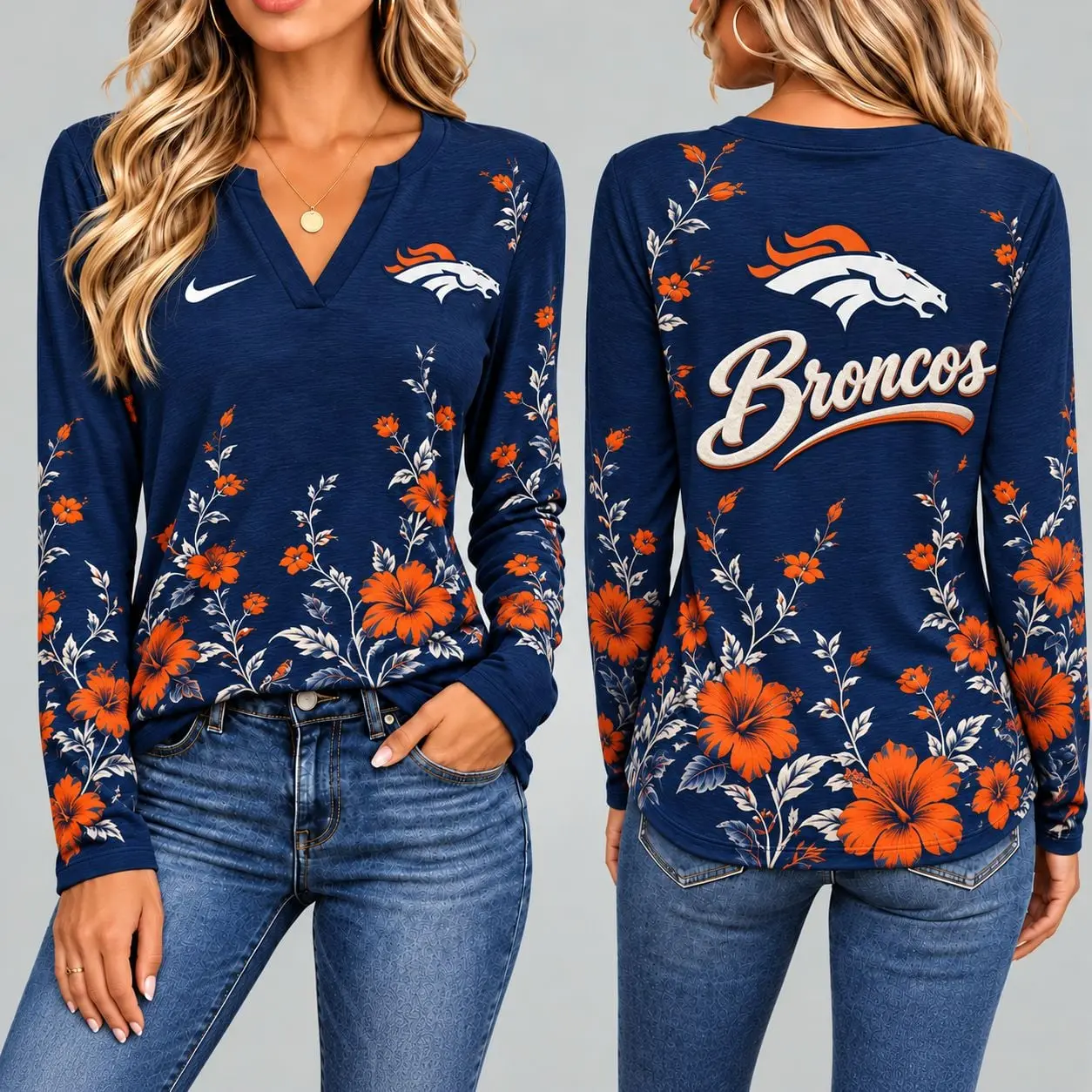 Denver Broncos | Premium NFL Vintage Floral V-Neck Long Sleeve Fan Shirt
