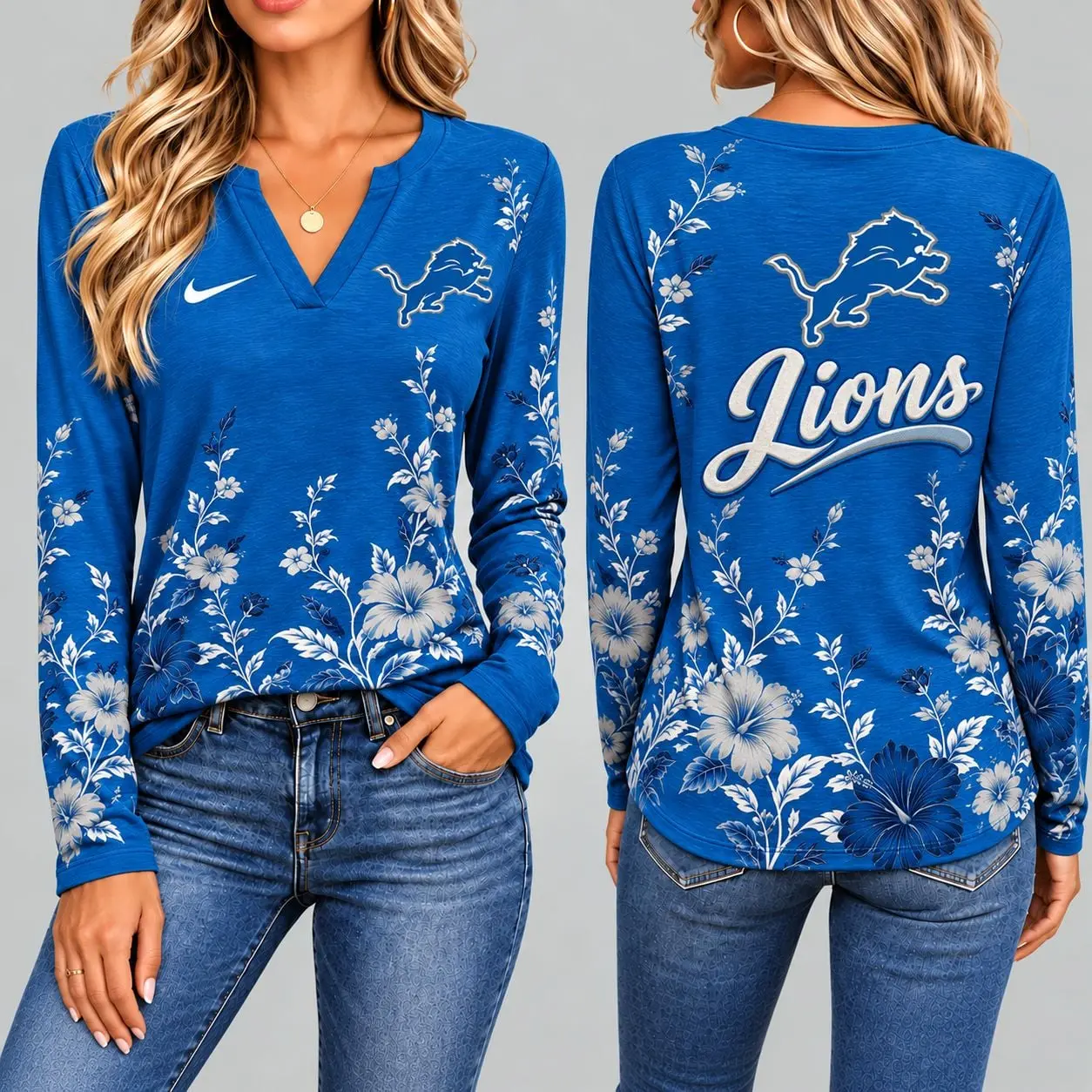 Detroit Lions | Premium NFL Vintage Floral V-Neck Long Sleeve Fan Shirt