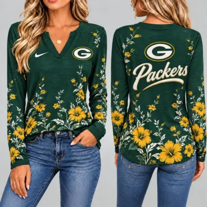 Green Bay Packers | Premium NFL Vintage Floral V-Neck Long Sleeve Fan Shirt