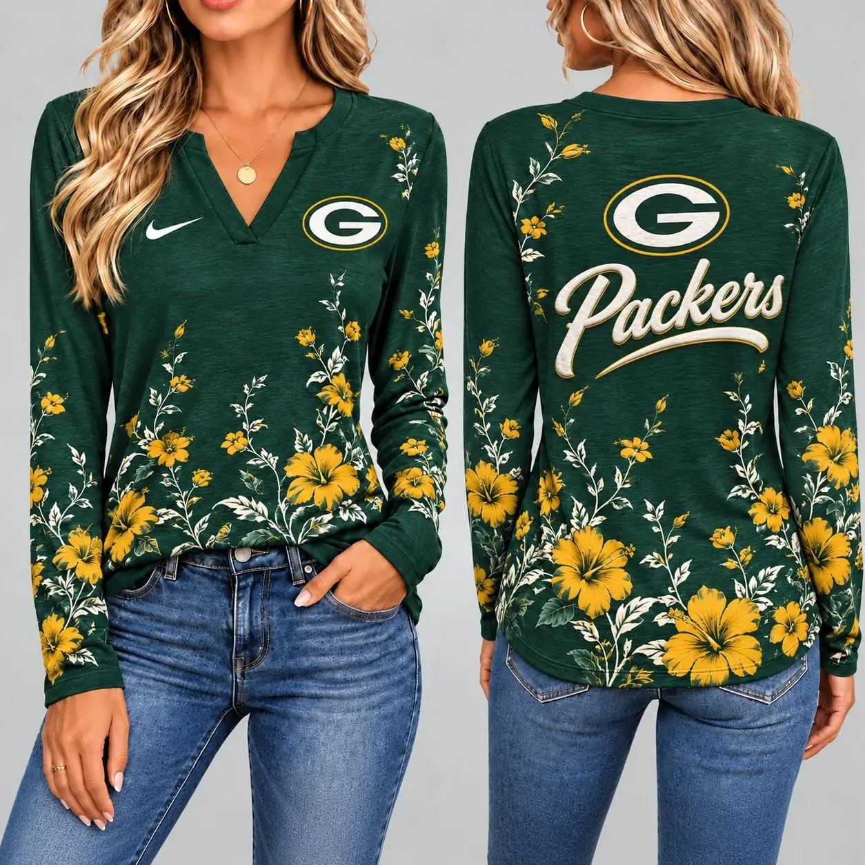 Green Bay Packers | Premium NFL Vintage Floral V-Neck Long Sleeve Fan Shirt