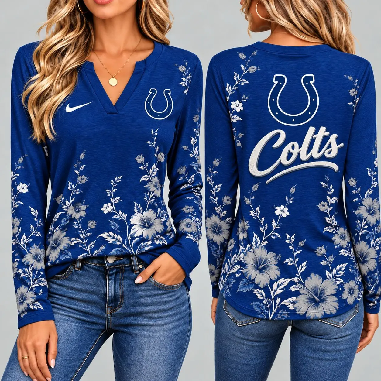 Indianapolis Colts | Premium NFL Vintage Floral V-Neck Long Sleeve Fan Shirt