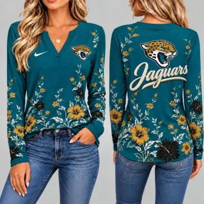 Jacksonville Jaguars | Premium NFL Vintage Floral V-Neck Long Sleeve Fan Shirt