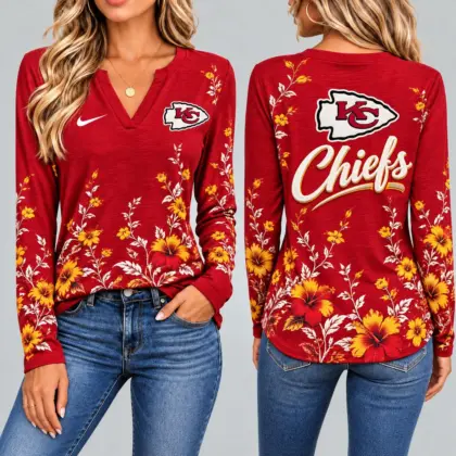 Kansas City Chiefs | Premium NFL Vintage Floral V-Neck Long Sleeve Fan Shirt