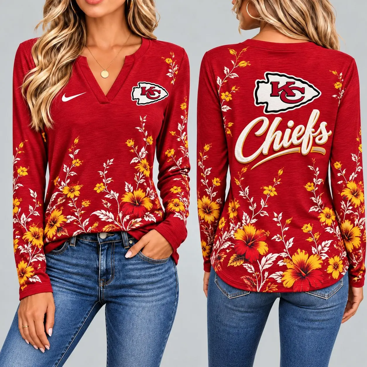 Kansas City Chiefs | Premium NFL Vintage Floral V-Neck Long Sleeve Fan Shirt