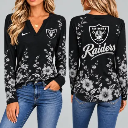 Las Vegas Raiders | Premium NFL Vintage Floral V-Neck Long Sleeve Fan Shirt