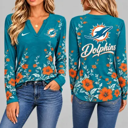 Miami Dolphins | Premium NFL Vintage Floral V-Neck Long Sleeve Fan Shirt