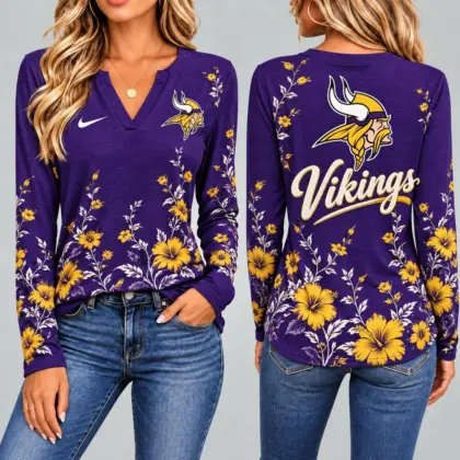 Minnesota Vikings | Premium NFL Vintage Floral V-Neck Long Sleeve Fan Shirt