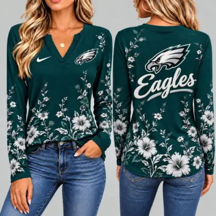 Philadelphia Eagles | Premium NFL Vintage Floral V-Neck Long Sleeve Fan Shirt