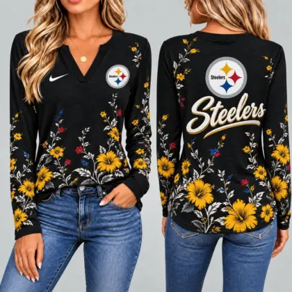 Pittsburgh Steelers | Premium NFL Vintage Floral V-Neck Long Sleeve Fan Shirt
