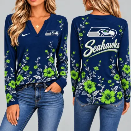 Seattle Seahawks | Premium NFL Vintage Floral V-Neck Long Sleeve Fan Shirt