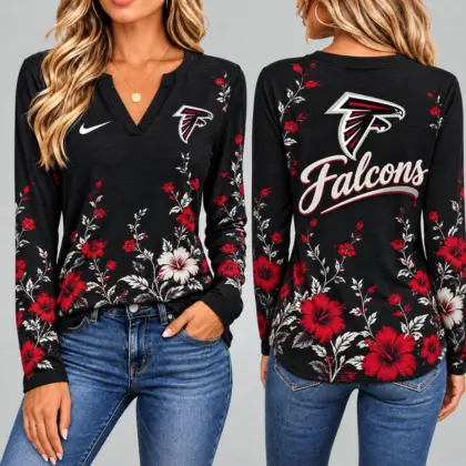 Atlanta Falcons | Premium NFL Vintage Floral V-Neck Long Sleeve Fan Shirt